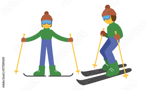 Skiing in the mountains showing a skier gliding down snowy slopes, minimalist mountain landscape, winter sports adventure, flat design style for travel and holiday theme