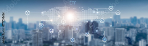 Foto ETF investment and global network connection, stock trading, financial analytics, market performance, portfolio management, and capital growth