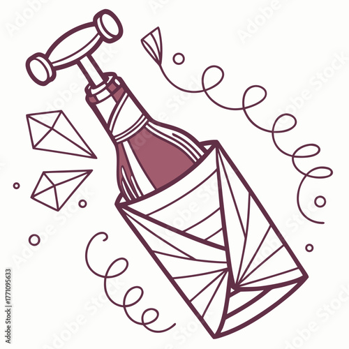 Wine Bottle with Corkscrew in Geometric Origami Bag vector illustration