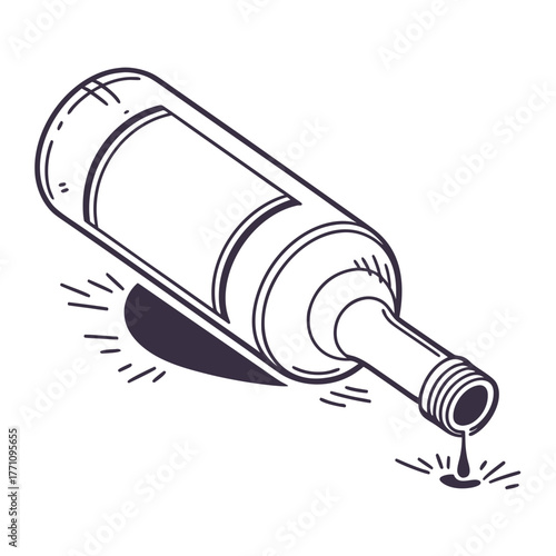 Spilled Wine Bottle Illustration with Dripping Liquid alcohol