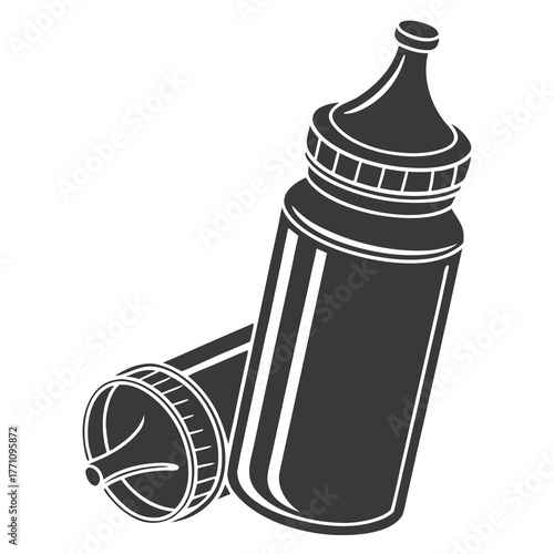 Two Baby Bottles, One Upright and One Tipped Over Keywords: baby bottle, feeding bottle, infant