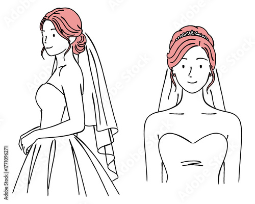 ウェディングドレスを着た花嫁の女性のイラストセット,結婚,ブライダル,ベール,ティアラ,ベクター