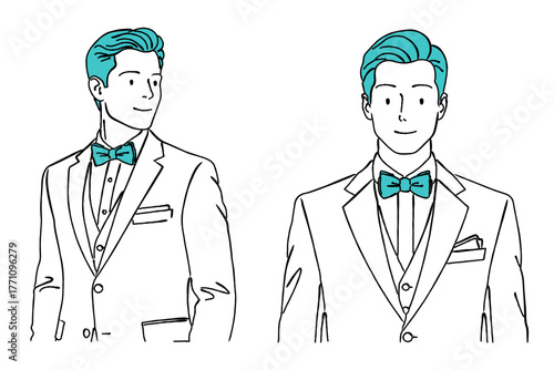 タキシードと蝶ネクタイを着用した新郎の男性のイラストセット,結婚,ブライダル,フォーマル,ベクター
