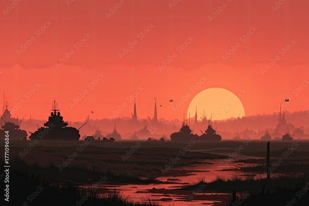 Obraz premium Sunset over a futuristic battlefield