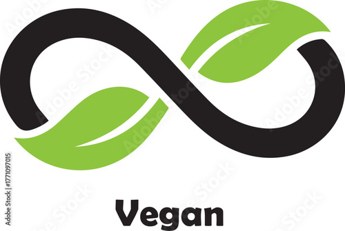 Black infinity symbol with green leaves and the word Vegan below vector graphic white background