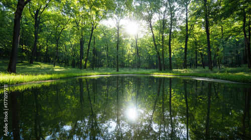 Fototapeta Naklejka Na Ścianę i Meble -  Lush forest reflections in tranquil pond create serene and calming atmosphere