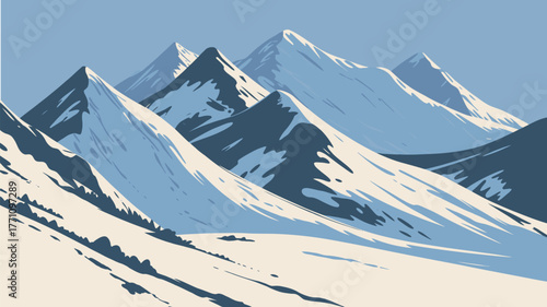 Snowy mountain range landscape illustration, winter sports resort scene with ski tracks, glacier peaks, winter travel destination concept, adventure outdoors, vector art for banner or poster