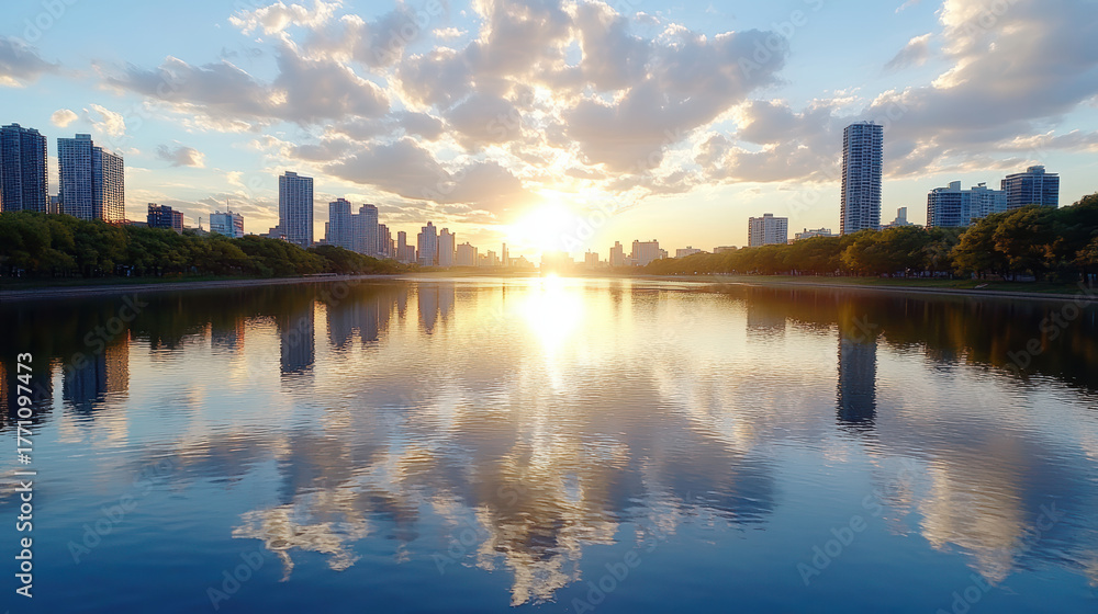 Naklejka premium Sunset reflections over tranquil lake with city skyline in background evoke serenity and beauty