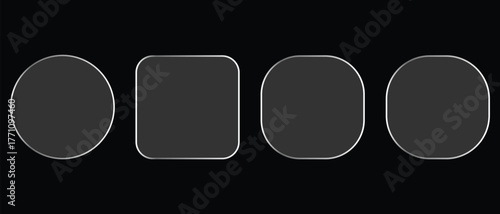 Four geometric shapes with silver outline are lined up against black backdrop