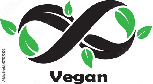 Black infinity symbol with green leaves and the word vegan below vector graphic