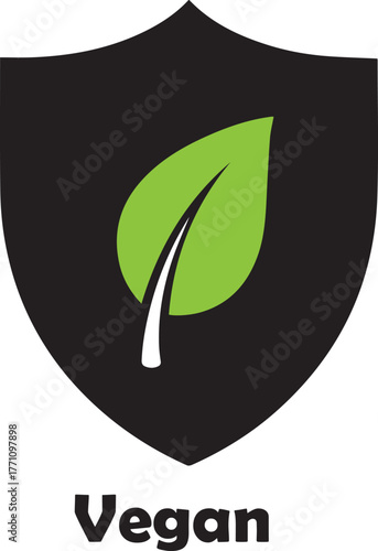 Black shield emblem with green leaf and text vegan below vegetarian plant based