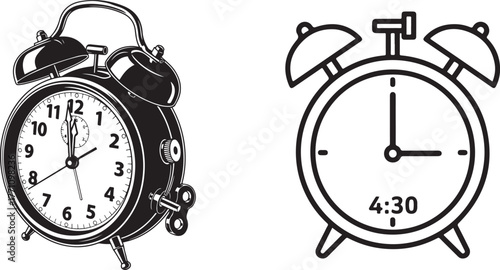Dual Alarm Clocks: Detailed Vintage Style and Simple Outline Icon