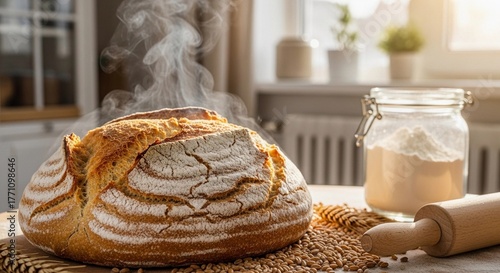 Sourdough bread just out of the oven, steam rising from the crust, surrounded by ingredients, wheat grains, a rolling pin, a jar of flour