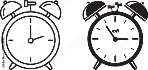 Black and White Alarm Clock Icons: Outline and Filled Styles