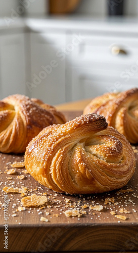 Freshly baked pastries with caramelized sugar and flaky layers, placed on a wooden board in a clean bright kitchen
