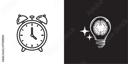 Flat Line Art Alarm Clock and Creative Brain Lightbulb Design