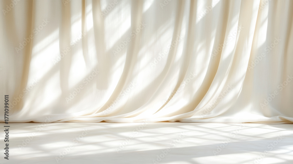 Obraz premium Soft white curtains draping elegantly, illuminated by gentle light, create serene atmosphere