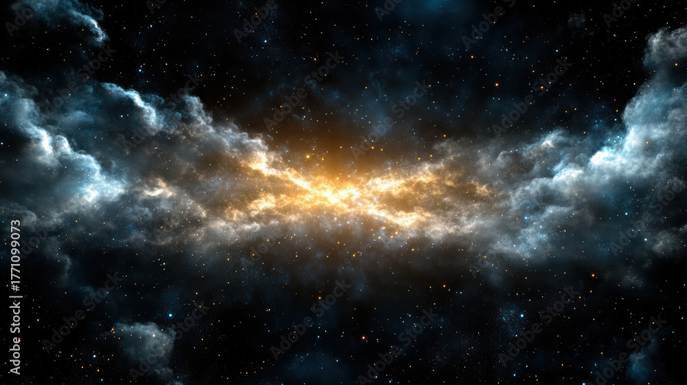 Fototapeta premium Stunning cosmic scene featuring bright, glowing center surrounded by dark clouds and stars