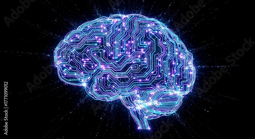 Abstract digital glowing blue brain made of circuits and data streams on a dark background