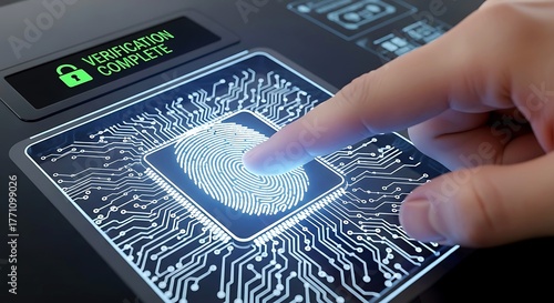 Fingerprint scanning technology for biometric authentication and secure access on a futuristic digital interface