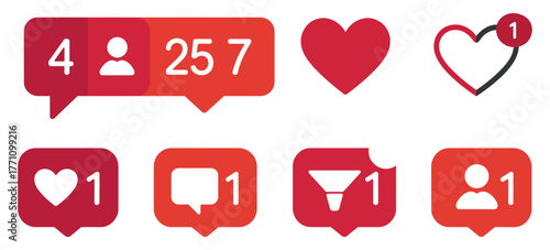 Social media vector icon set including likes comments followers notifications interaction symbols and button icons for digital marketing campaigns website apps online marketing and social engagement