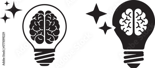Outline and Glyph Lightbulb Brain Idea Icons with Stars