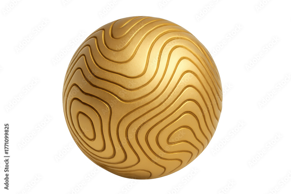 Obraz premium Gold metallic sphere featuring carved topography-like contour lines, forming a unique abstract pattern. Transparent background
