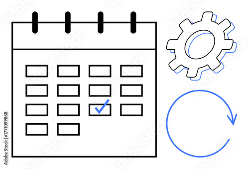 Calendar with marked date, gear, and circular arrow emphasizing planning, scheduling, efficiency. Ideal for time management, task organization, workflow improvement, automation project planning