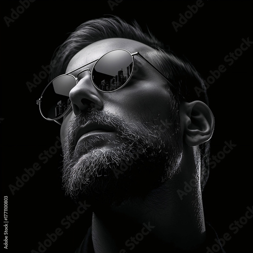Striking monochrome portrait capturing strong man behind sleek sunglasses portrait wallpaper background