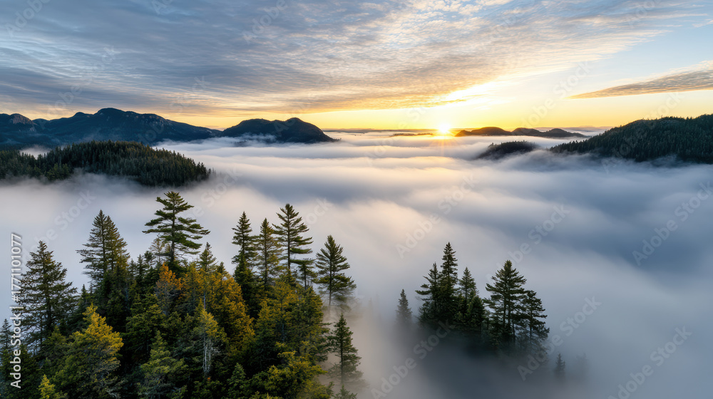 Fototapeta premium Majestic sunrise over misty mountains, with fog enveloping lush green trees and valleys