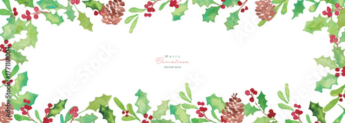 クリスマスのリースフレーム。水彩タッチのクリスマスベクターイラスト。柊とトナカイ。
Christmas wreath frame. Watercolor Christmas illustration. Holly and reindeer.