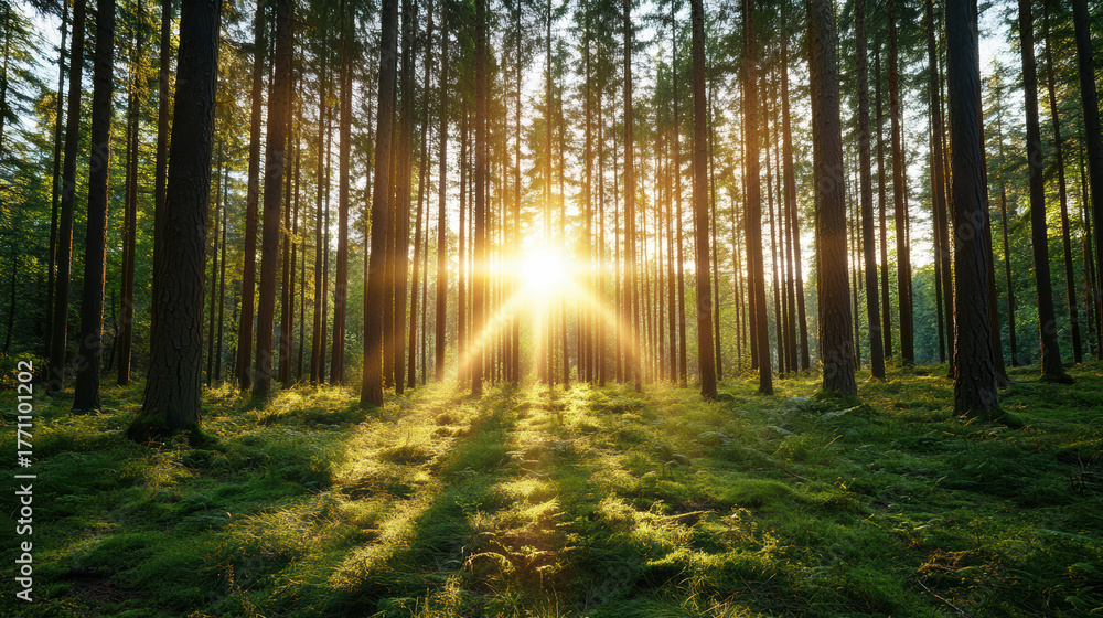 Obraz premium Sunrise through pine forest creates ethereal atmosphere with golden light illuminating greenery