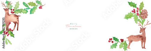 クリスマスのリースフレーム。水彩タッチのクリスマスベクターイラスト。柊とトナカイ。
Christmas wreath frame. Watercolor Christmas illustration. Holly and reindeer.