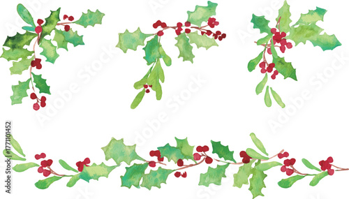 クリスマスのリースフレーム。水彩タッチのクリスマスベクターイラスト。柊とトナカイ。
Christmas wreath frame. Watercolor Christmas illustration. Holly and reindeer.