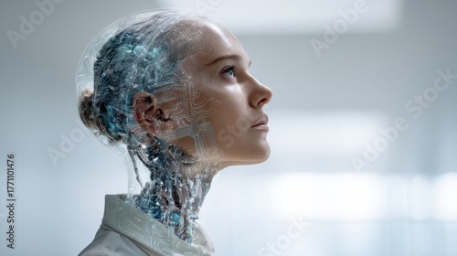 Wallpaper Mural A futuristic humanoid figure with a transparent, robotic head showcasing intricate circuitry, exemplifying the blend of technology and human features. Torontodigital.ca