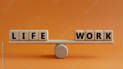 Work life balance concept. Balancing life and work concepts with wooden blocks on an orange background.