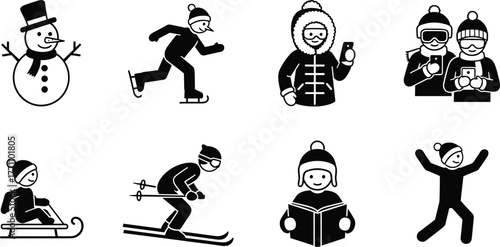 Winter activities, snow fun, people skiing, ice skating, sledding, snowman building, reading indoors, using phone, winter vacation, cold weather enjoyment, outdoor sports.