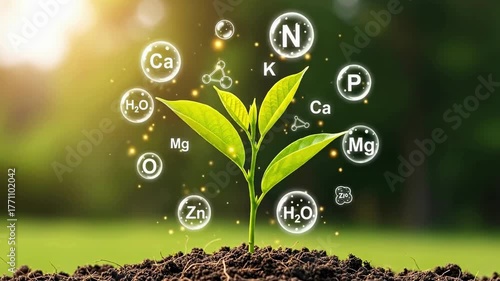 A young plant growing in soil with floating bubbles showing key nutrients (Ca, N, K, Mg, etc.) and water, symbolizing agricultural science.