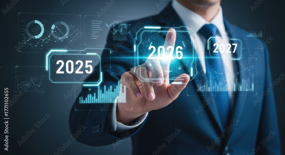 Fototapeta premium Businessman interacting with futuristic digital interface showing future years and data