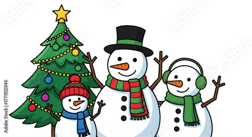 A cheerful snowman family waving next to a decorated Christmas tree.