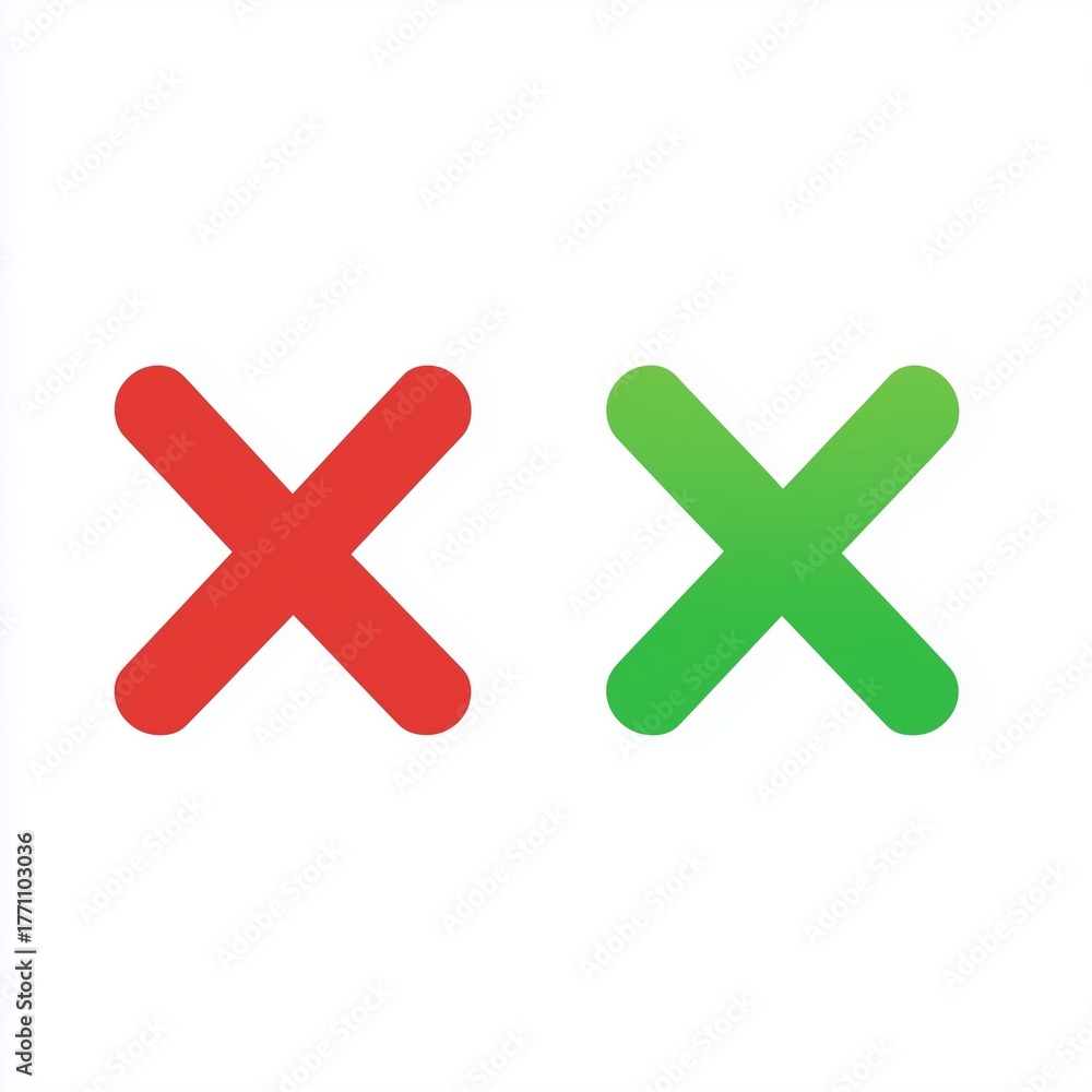 Obraz premium Green check mark and red X mark icons on white background in flat vector style