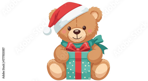 Adorable cartoon teddy bear with a Santa hat holding a Christmas gift.