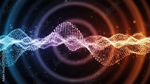 An abstract digital illustration features two dynamic oscillating waves of glowing particles in a dark space Colors transition from blue on the left to orange on the right with blurred light rings