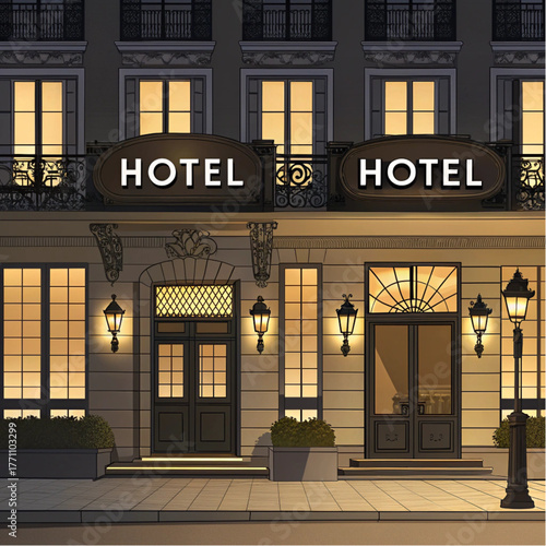 Elegant hotel entrance at night with warmly lit windows