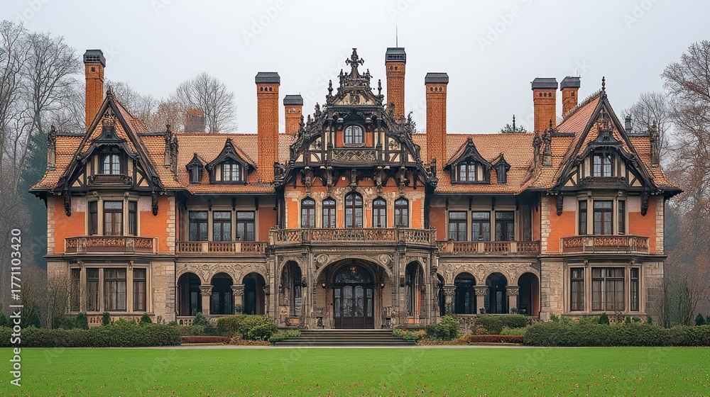 Fototapeta premium Grand architectural facade features intricate detailing on red brick, stone and autumnal grounds.