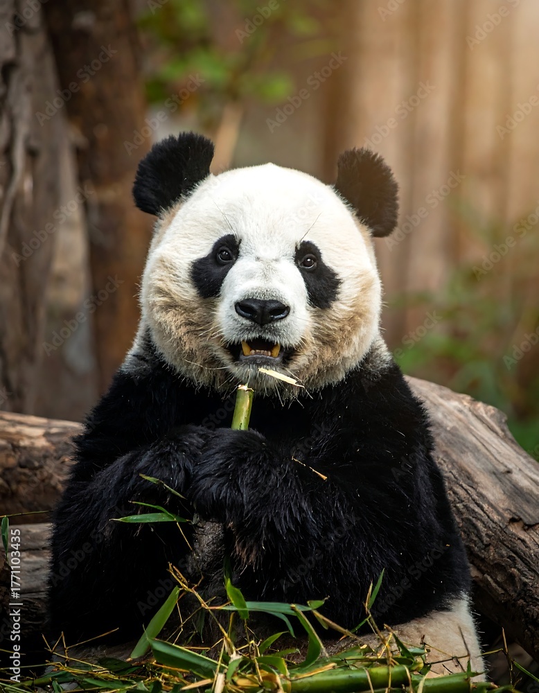 Fototapeta premium Close-up of a giant panda enjoying bamboo. The image shows the animal holding a bamboo stick with a calm, direct gaze. The backdrop is blurred foliage