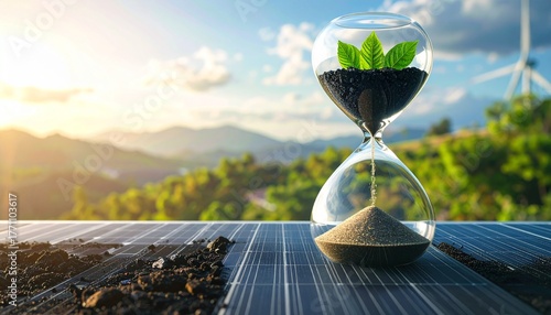 Conceptual hourglass where sand at the top is coal and oil, turning into green leaves and solar panels at the bottom.