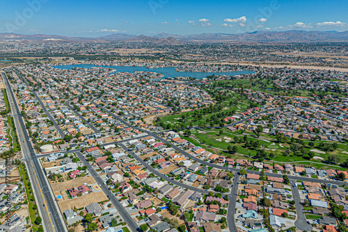 Victorville, Los Angeles LA County, CA, California, September 28, 2025: Aerial Drone City View toward Spring Valley Lake, Ridgecrest Rd, Bear Valley Country Club, Houses, Streets, Townhomes
