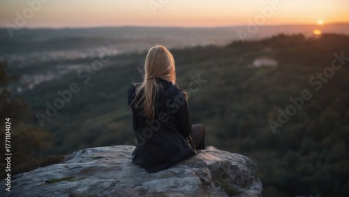 Serene Young Woman in Black Jacket Sitting on Rock Overlooking Beautiful Sunrise Landscape with Pink Sky and Greenery