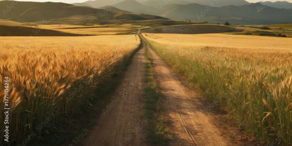 Fototapeta premium Golden Wheat Field Landscape with Rolling Hills and Sunset Sky, Serene Countryside Scenery